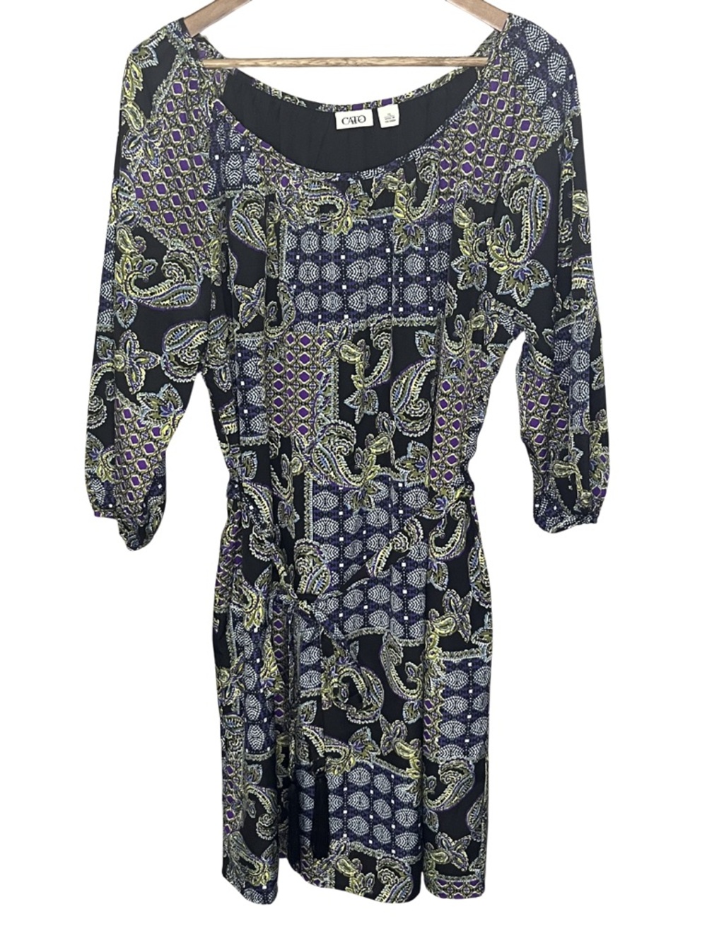 Cato Womens Shift Dress XL Chic Black Paisley Print Colorful Business Casual Tie